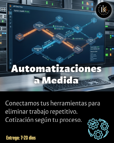 Optimiza tus Procesos: Agentes Virtuales y Flujos de Trabajo a Medida
Chatbots, automatizaciones, agentes inteligentes, IA

Automatizaciones a Medida
Flujos de trabajo personalizados que conectan las herramientas de tu negocio entre sí para eliminar trabajo repetitivo.