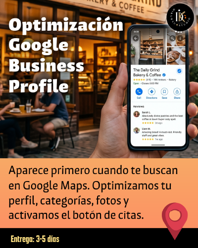 Optimización Google Business
Aparece primero con la creación u optimización completa de tu perfil de Google Business. Optimizamos categorías, fotos y botón de citas.
Auditoría, categorías, descripción optimizada, atributos, fotos, productos/servicios, publicaciones iniciales.