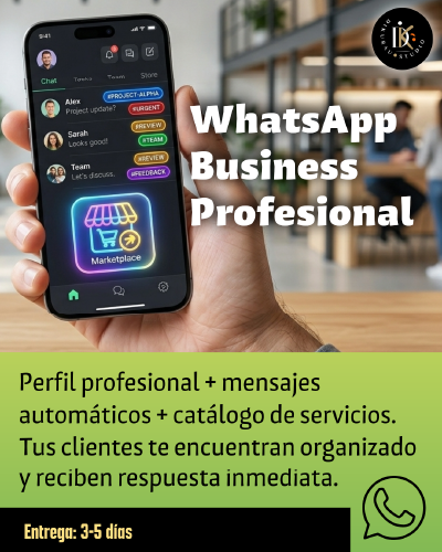 WhatsApp Business Profesional
Configuración profesional y manual de tu perfil. Tus clientes te encuentran organizado con respuestas inmediatas y catálogo activo.
Configuración completa del perfil, catálogo, etiquetas, mensajes de ausencia, respuesta rápida, enlace de catálogo.
